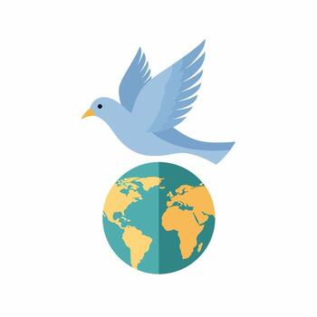 Stylized blue dove of peace flying over a flat design planet Earth globe, a symbol of global harmony and unity. vector