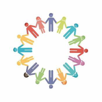 Diverse group of stylized figures forming a connected circle of unity and cooperation. vector