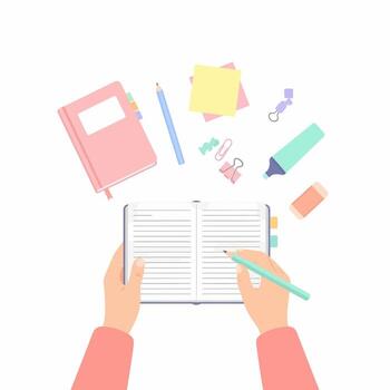 A flat illustration of hands writing in a diary, surrounded by colorful stationery, including a notebook, pencil, and highlighter. vector