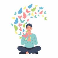 sereno persona meditando en loto pose, liberando un vibrante enjambre de vistoso mariposas desde su manos. vector
