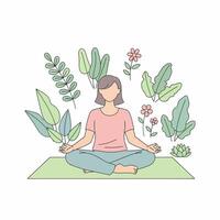 mujer meditando en loto actitud rodeado por lozano verdor y delicado flores vector