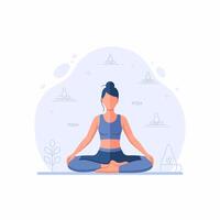 mujer meditando en loto pose, vistiendo azul ropa activa, con pelo atado arriba, practicando consciencia. vector