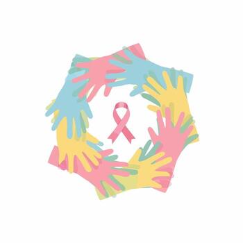 Diverse colorful hands forming a supportive circular frame around a pink awareness ribbon, unity symbol. vector