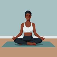 mujer practicando yoga meditación en loto actitud en estera interior calma estilo de vida escena vector