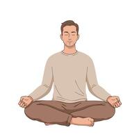 hombre meditando en loto actitud vistiendo beige y marrón ropa pacífico yoga práctica ilustración vector