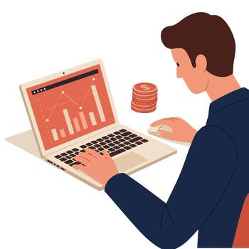 hombre analizando financiero datos en ordenador portátil con apilado monedas para inversión crecimiento concepto vector