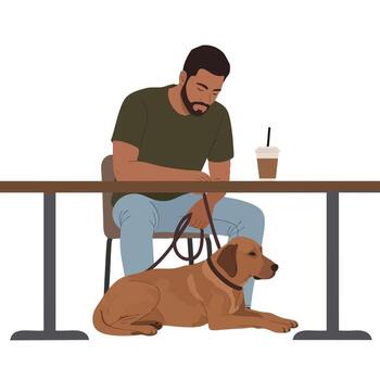 hombre sentado a mesa con marrón perro acostado debajo relajante en casual ajuste ilustración vector