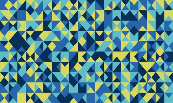 Abstract geometric mosaic pattern featuring a vibrant blend of blue and yellow triangles. Ideal for website backgrounds, textile designs, or modern presentations. vector