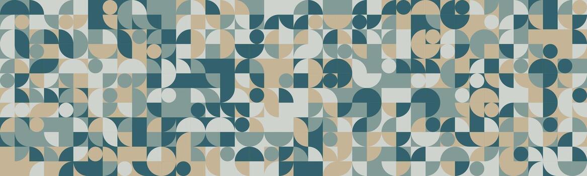 Abstract geometric pattern featuring teal, beige, and white circles and squares. A modern, midcentury modern inspired design perfect for backgrounds, textiles, website banners, and more. vector