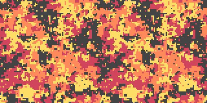 Abstract digital camouflage pattern in fiery orange, red, and black. Perfect for backgrounds, textiles, or vibrant design projects needing a bold, energetic aesthetic. vector