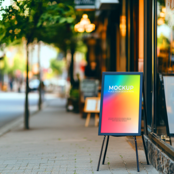 ein bunt Zeichen steht auf ein Bürgersteig Nächster zu ein Gebäude mit Bäume im das Hintergrund auf ein sonnig Tag psd