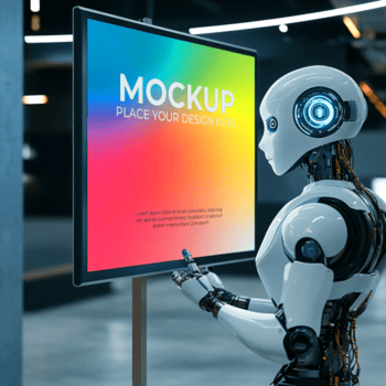 robot interagendo con un' colorato schermo Schermo nel un' futuristico ambiente ambientazione in casa psd