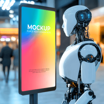 robot guardare a un' colorato schermo con modello testo nel un' pubblico spazio con persone nel sfondo psd