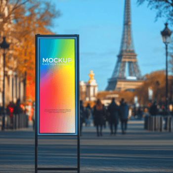 vistoso anuncio estar en un ciudad calle con el eiffel torre en el antecedentes en un soleado día psd