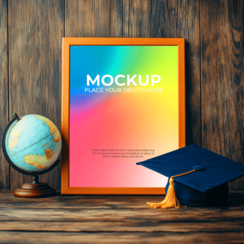 Frame with globe and graduation cap on a wooden surface with a colorful background display near objects psd