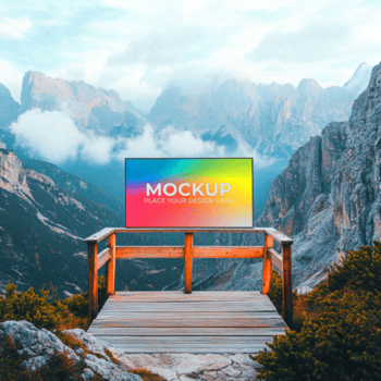 A landscape view with a wooden platform and a colorful display in front of mountain scenery backdrop psd
