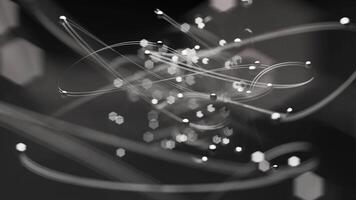 animazione con in movimento brillante Linee collegamento metallico sfere. il sfocatura effetto e dinamico movimento creare un' senso di profondità, fabbricazione esso Perfetto per scientifico e tecnologico progetti. video