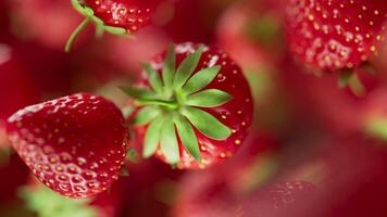 Animation of a group of strawberry. Many strawberry slowly rotate in the background in space. Horizontal composition. Defocus. video