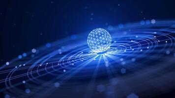 Looped Sci Fi animation of a glowing digital sphere over futuristic blue grid waves, symbolizing technology, AI, data flow, and innovation in a cosmic style. video