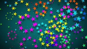 animering av ljus, färgrik stjärnor spinning och flytande på en mörk bakgrund i ett ändlös slinga. en roligt, dynamisk bakgrund för högtider, videoklipp, intro, och barn innehåll. slinga animation. video