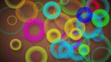 This looping 3D animation features cartoon-style rings with zigzag patterns rotating against a backdrop, resembling colorful ripples on water. video