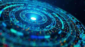 digital hud interface ciclo com néon argolas, partículas, e futurista holograma efeitos. perfeito para sci fi filmes, tecnologia apresentações, e cyber temas. video