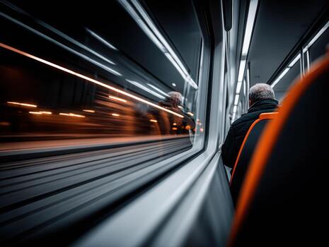 A man sitting in a train with blurred lights photo