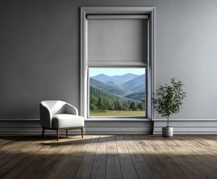 Modern interior with mountain view from window photo