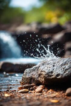 Water splashes on rocks in a serene river setting photo