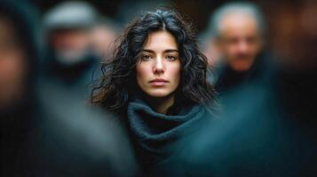 Woman in crowd caught in thoughtful moment photo