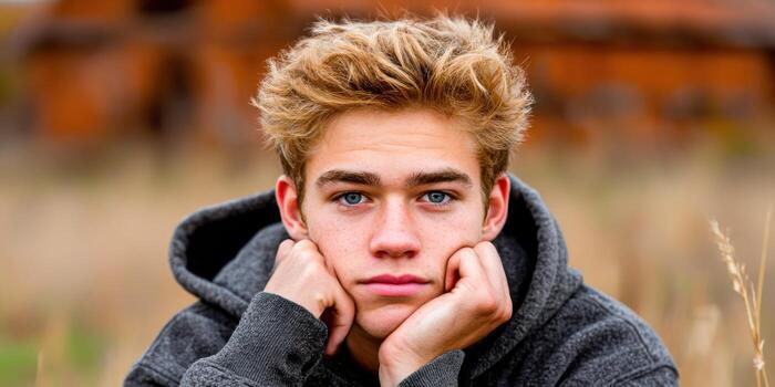 Young man contemplating in a grassy field photo