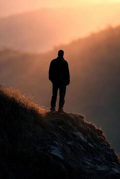 Man standing on a cliff during sunset overlooking the mountains photo