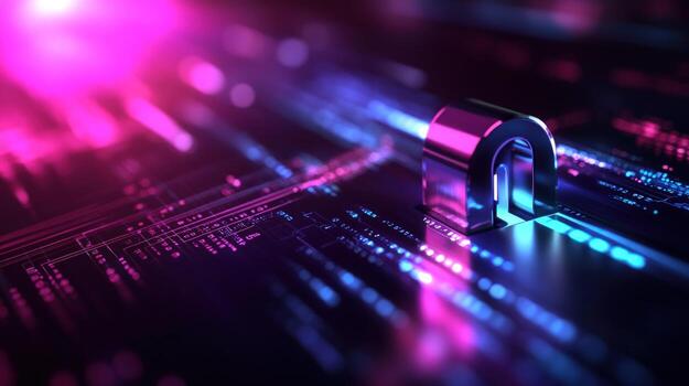 Cyber security lock on circuit board, neon glow, data stream background photo