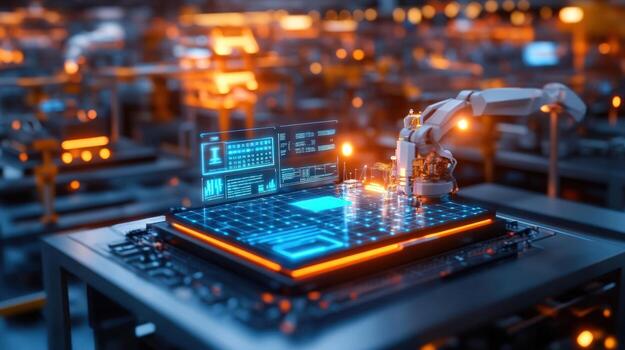 Robotic arm assembling circuit board in factory photo