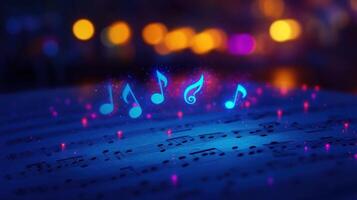 brillante musical notas encima sábana música, noche, bokeh fondo, música sitio web foto