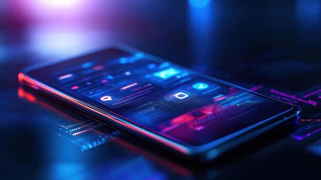 Neonlit smartphone displaying app icons, futuristic background, tech innovation photo