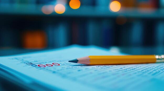 Pencil rests on notes, library background, latenight study session photo