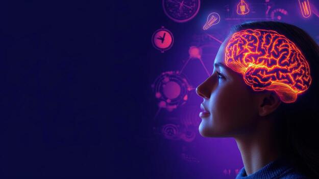 Womans illuminated brain, data visualization, thinking, future tech background photo