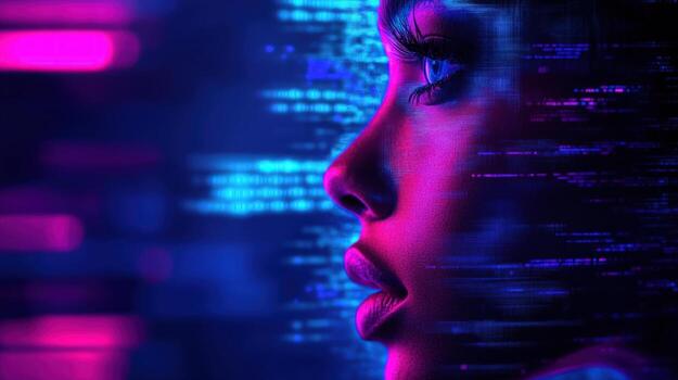 mujeres perfil, neón brillo, codificación fondo, digital arte, tecnología concepto foto