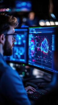 Focused programmer analyzing data on dual monitors in a tech office at night photo