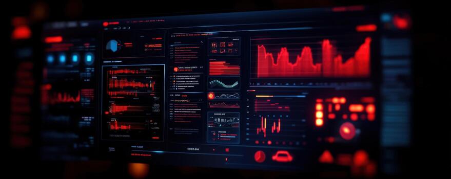 Red Data Screen Displaying Charts, Graphs, and Metrics photo