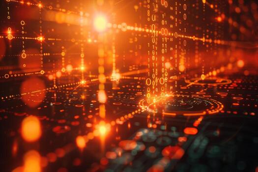 Abstract digital data flow, orange network, glowing background, tech concept photo