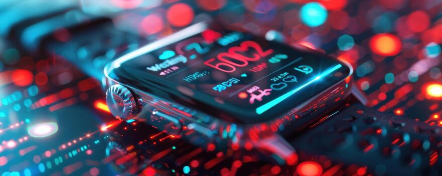 Smartwatch displays data, circuit board background, tech concept photo