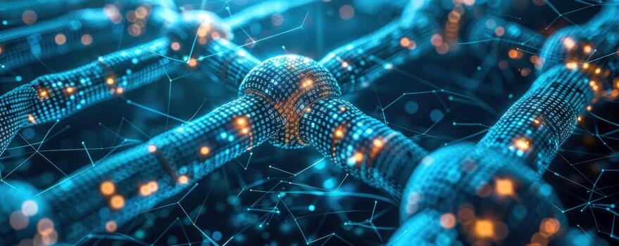 Digital node network, glowing sphere, abstract background, tech concept photo