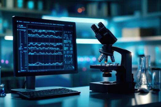Lab Data Analysis Microscope, computer screen displaying graphs, research background photo