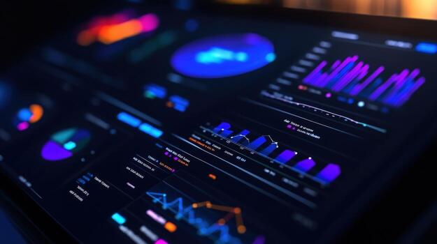 Night data analysis dashboard display on tablet, home office background photo