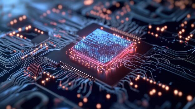 Glowing CPU chip on circuit board, digital tech background, data processing photo