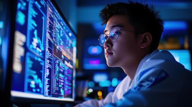 Programmer coding late night, office, screen glowing, data analysis photo