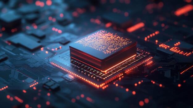 Glowing CPU processing data on circuit board photo