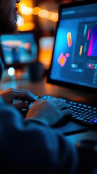 Noche editor ediciones gráficos, computadora pantalla, hogar oficina, bokeh antecedentes foto